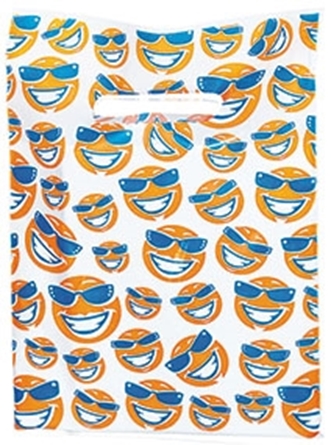Scatter print plastic goodie bag dental supply tote bag smiling suns with sunglasses on
