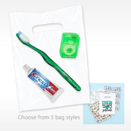 Value Kit Goodie Bag with Patient Take home premium toothbrush, floss and Crest toothpaste