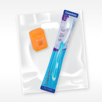 White die cut handle plastic goodie bag with toothbrush and floss