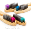 Assorted colors of ultrafine charcoal bristles on bamboo toothbrush